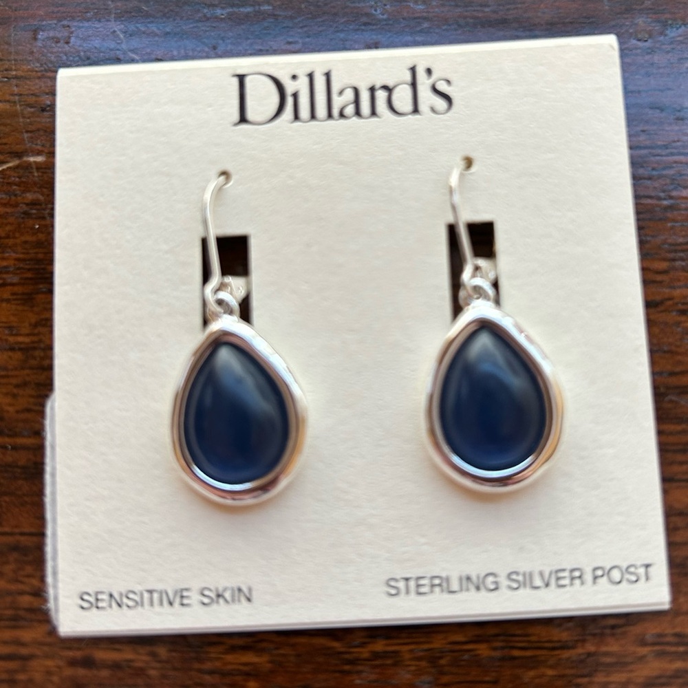 Dillard’s Silver and Blue Teardrop Pear Earrings with Sterling Silver Posts New